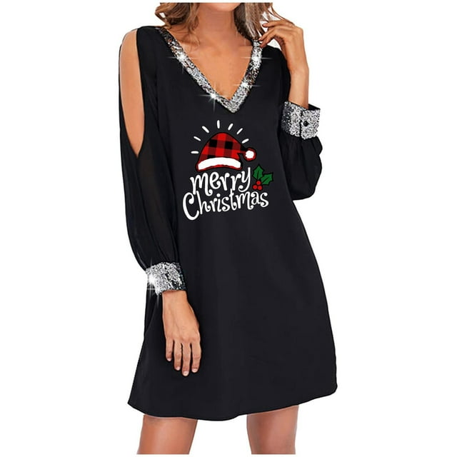 Pompotops Robe Imprimée Décontractée Aguichant pour Femmes Joyeux Noël, Col en V, Manches Longues, Mini-Robe en Solde