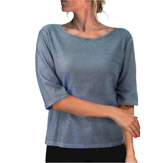 Yigetop Hauts de Fête pour Femmes Col Rond à Sequins Pull Décontracté Manches Mi-Longues Tuniques Mode Confortables Blouses Amples Disco pour Femmes Bleu 3TG