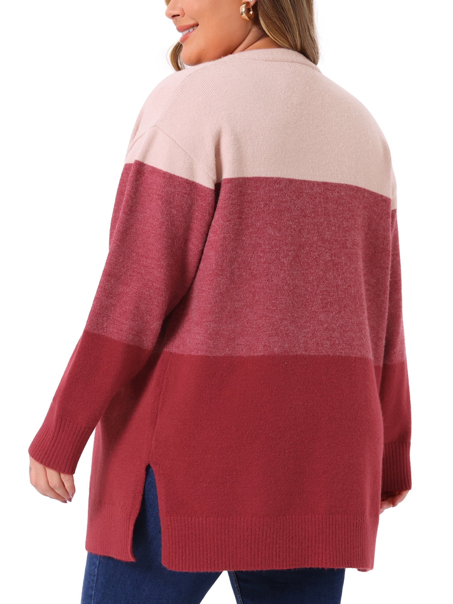 DARING DIVA Plus Size Striped Block Open Front Cardigan Sweater Coat 4X Red Pink