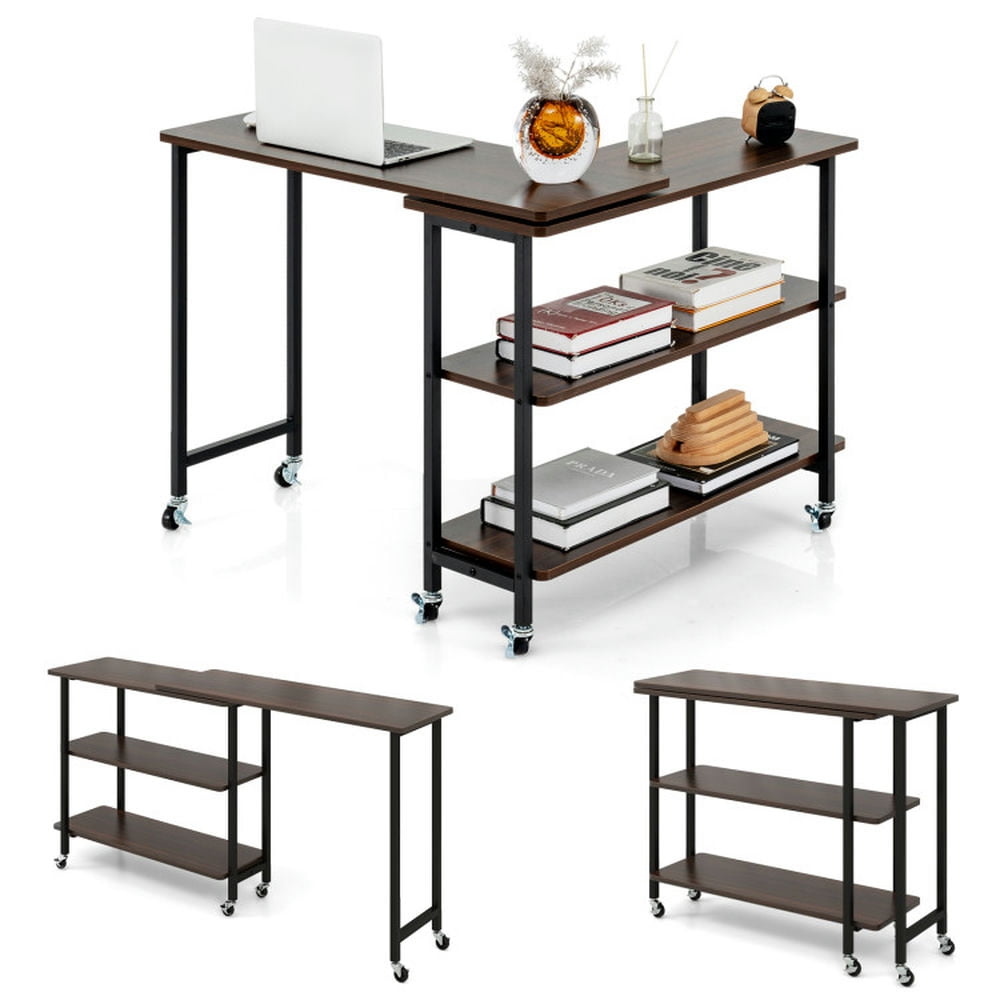 Demi Bonn 360° Rotating Computer Desk with 2-Tier Storage Shelves, Small Home Office Desk Study Writing Table, Walnut