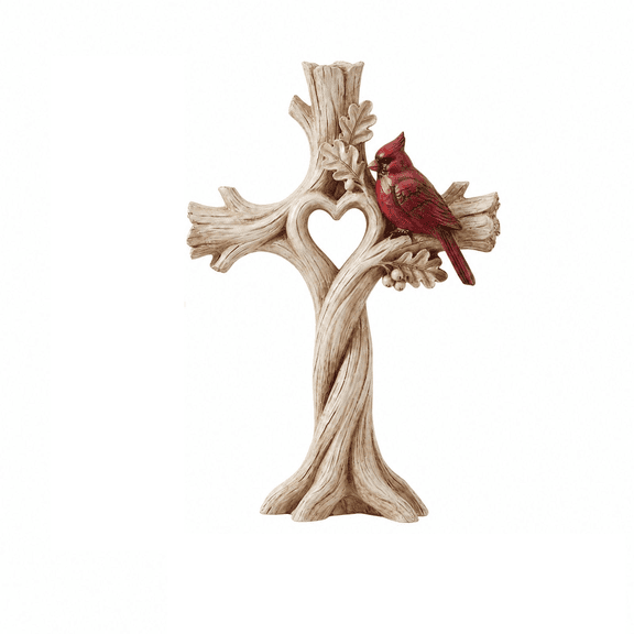 Red Cardinal Cross Figurine 8 Inch, Resin Heart Tree Tabletop Statue for Home Living Room Bedroom Fireplace Mantel Bookshelf Shelf Decor