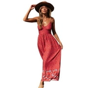 Mutural Women Summer Boho Beach Spaghetti Strap Maxi Sundresses V-Neck High Waist Slip Floral Swing Vacation Dress Small Red