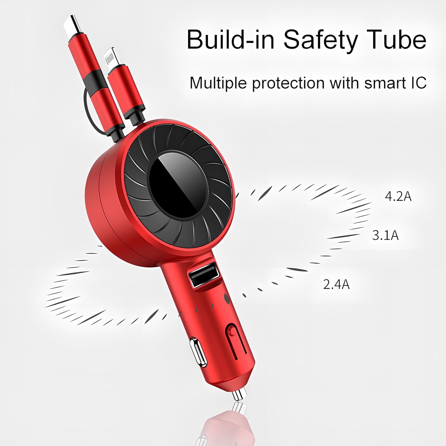 Wiher Retractable Fast Car Charger compatible for iPhone and Android with Dual Port USB C Cables 4-in-1 with Ports Adapter Car interior Accessories Red