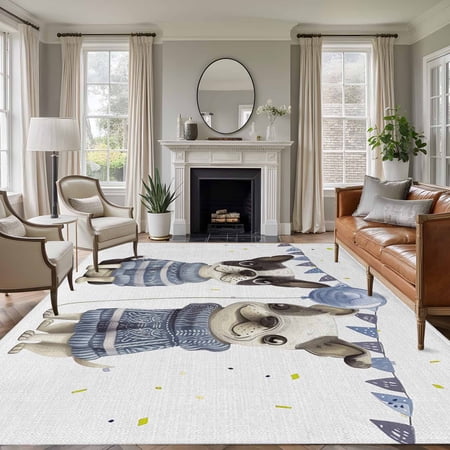 Non-Slip Rug Pad Rugs Cute Pet Dog Bulldog with Sweater Rectangle Area Rugs 5x7Ft Soft Carpet Pads for Living Room Kids Room Balloon Flag on Burlap