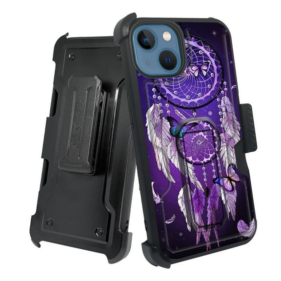 ANJ+ Rugged Shockproof Holster Case w/Card Slot, Kickstand + Tempered Glass for iPhone 13 (6.1") - Purple Dreamcatcher