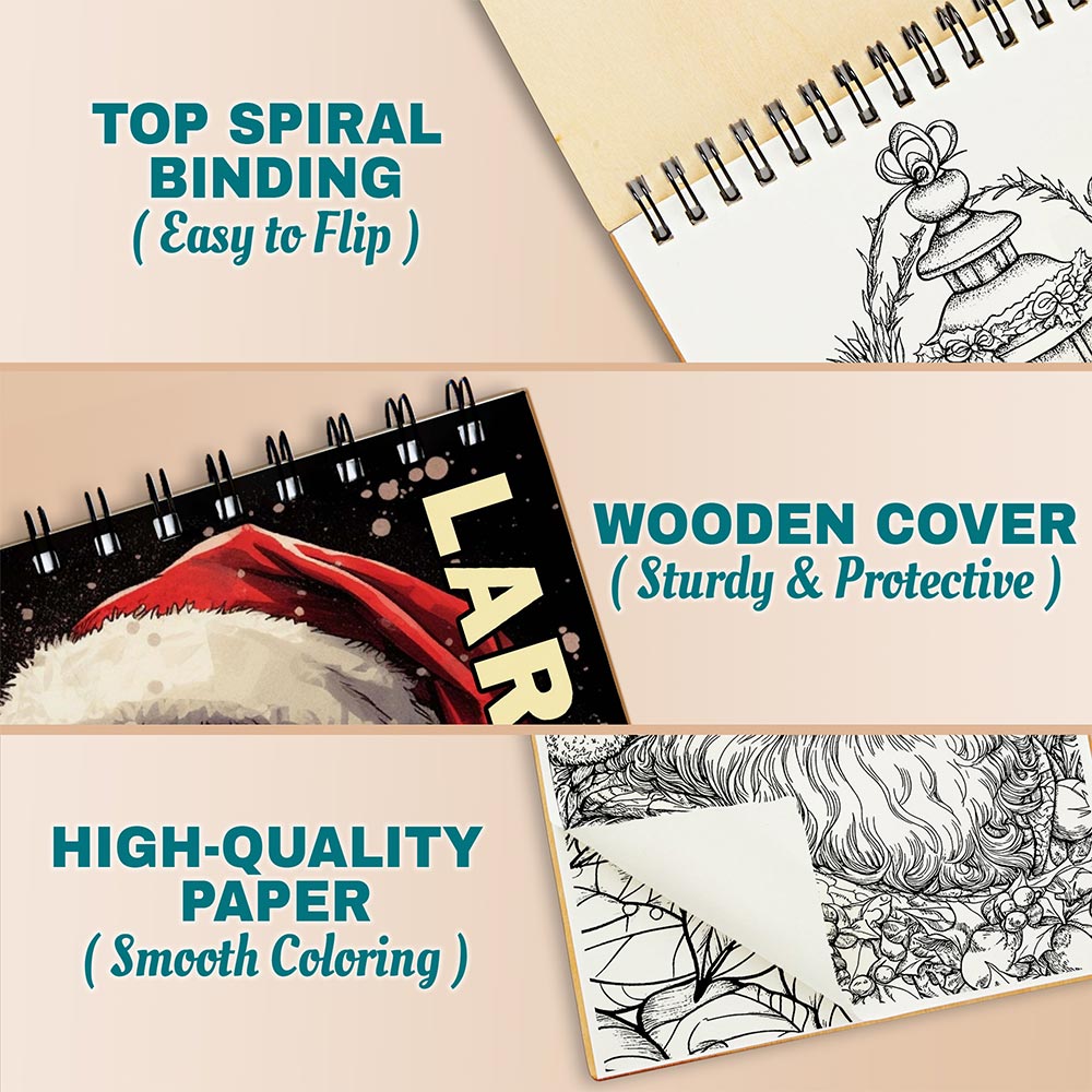 Netecom Christmas Large Print Coloring Book Spiral Bound for Adults, A5 Wooden Cover, 30 Nostalgic Coloring Pages in Cozy Christmas Day for Stress Relief and Relaxation