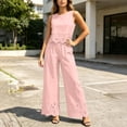 thumbnail image 4 of Women 2 Piece Lace Matching Outfit Set, Sleeveless Round Neck Lace Crop Top High Waist Wide Leg Pants with Floral Hollow Hem Casual Party Vacation Tracksuit Pink S(S), 4 of 7