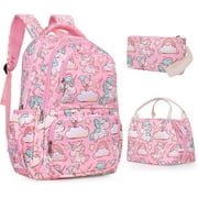 SKL School Unicorn Backpack for Girls, 3 in 1 Student Lightweight Travel Daypack with Lunch Box and Pencil Case for Kids Girls Teenage,Pink