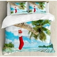 thumbnail image 3 of Christmas Twin Size Duvet Cover Set, Sock on the Palm Tree on Tropical Sandy Beach Island Maldives Festive Design, Decorative 2 Piece Bedding Set with 1 Pillow Sham, Multicolor, by Ambesonne, 3 of 3