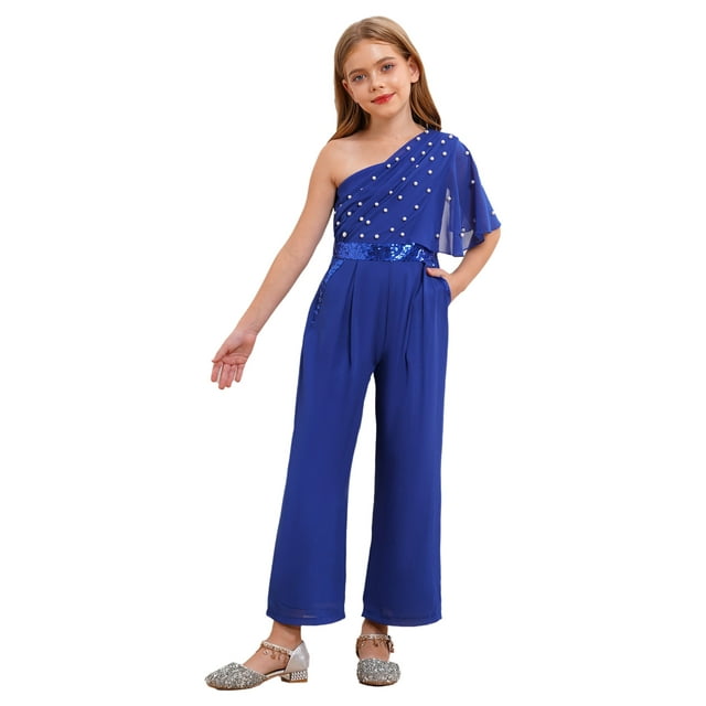 TiaoBug Girl's Ruffled One Shoulder Jumpsuit Shiny Pearls Beaded Wide Leg Pants One Piece Summer Outfits Royal Blue 6