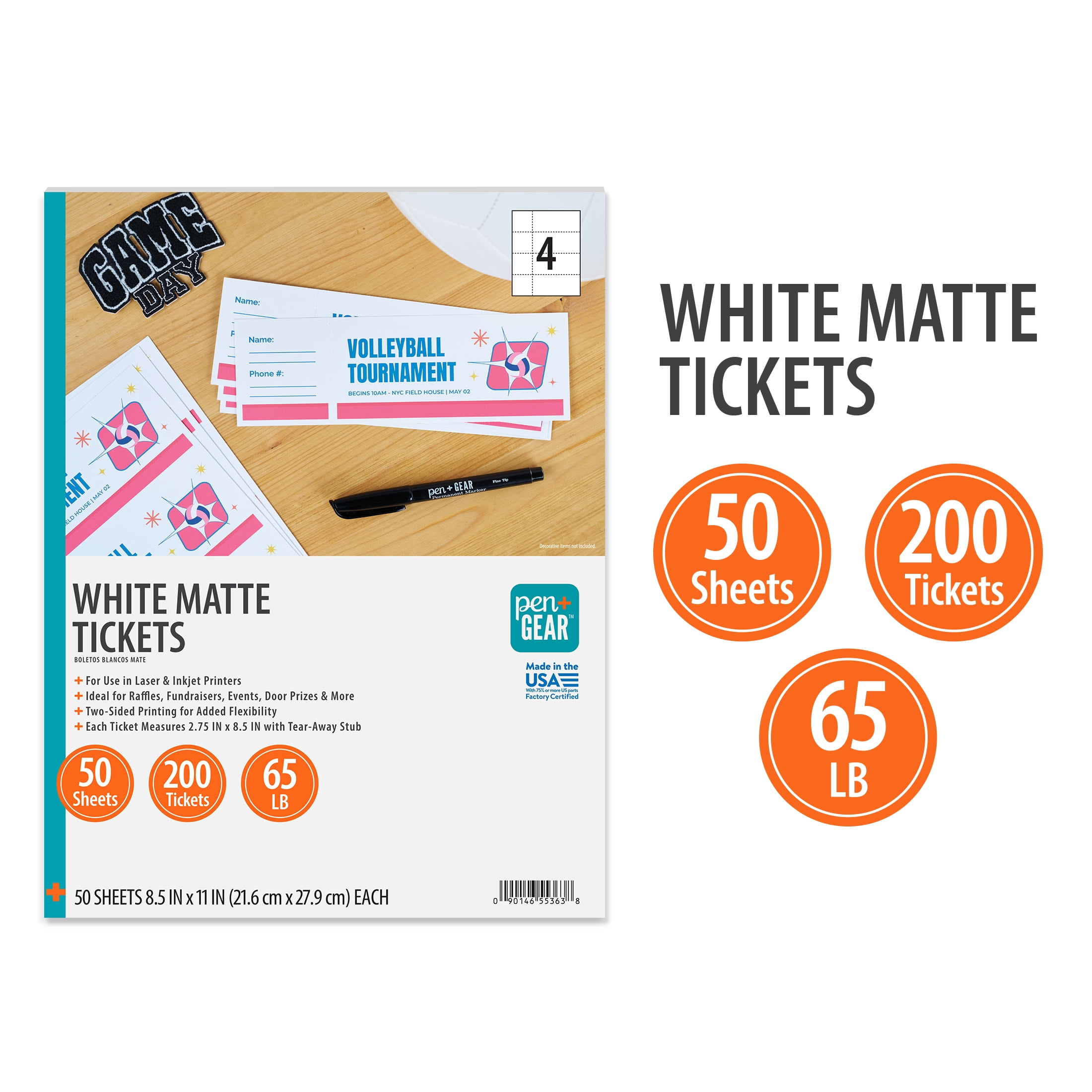 Pen+Gear White Matte Printable Tickets, 2.75" x 8.5", 65 lb, 200 Count