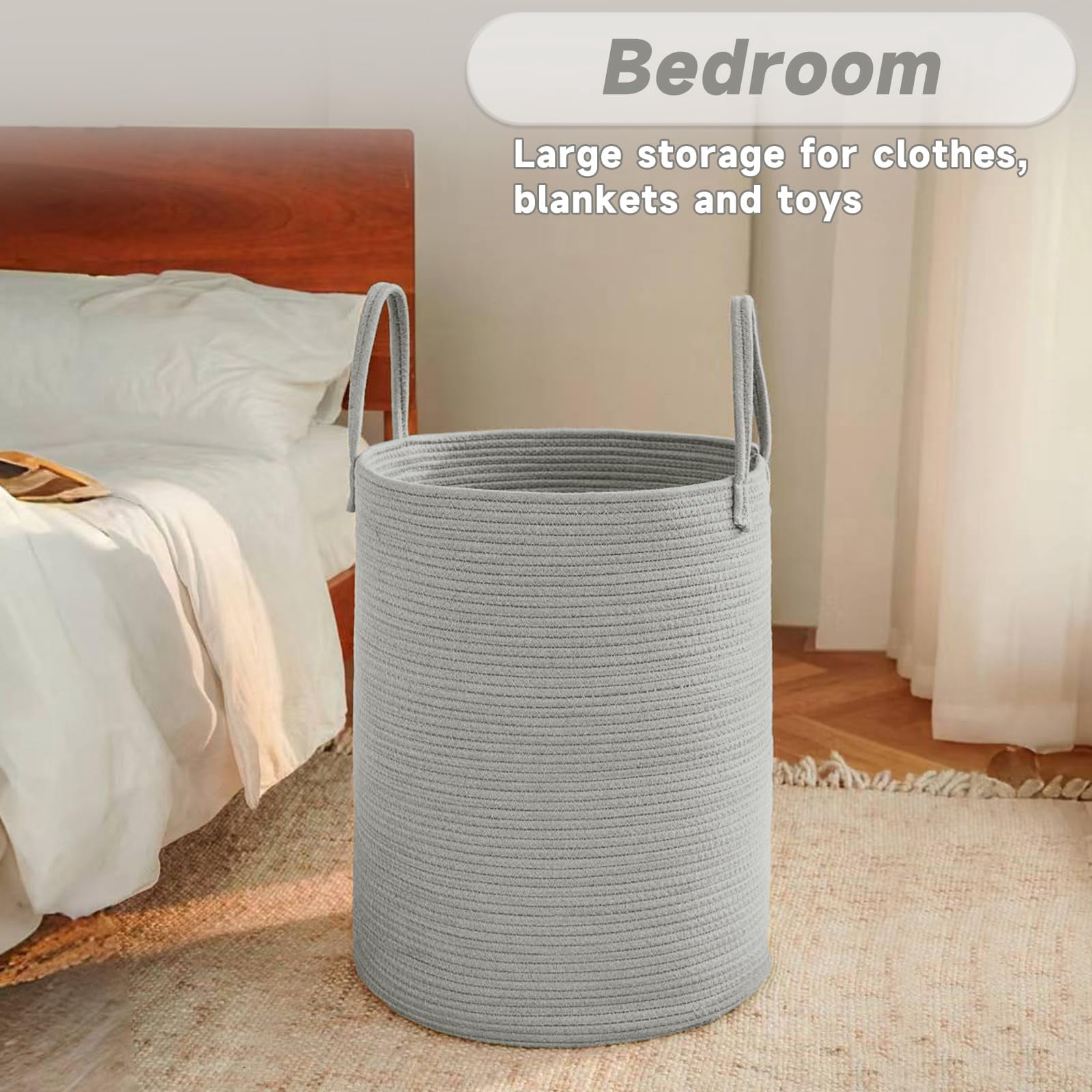 Large Woven Laundry Basket Hamper,60L Cotton Rope Storage Bin for Blankets,Toys and Clothes,Decorative Tall Nursery Hamper for Living Room,Baby Nursery,Bathroom and Bedroom