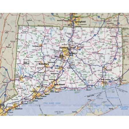 - Laminated Map - Large detailed roads and highways map of Connecticut state with all cities Poster 24 x 36