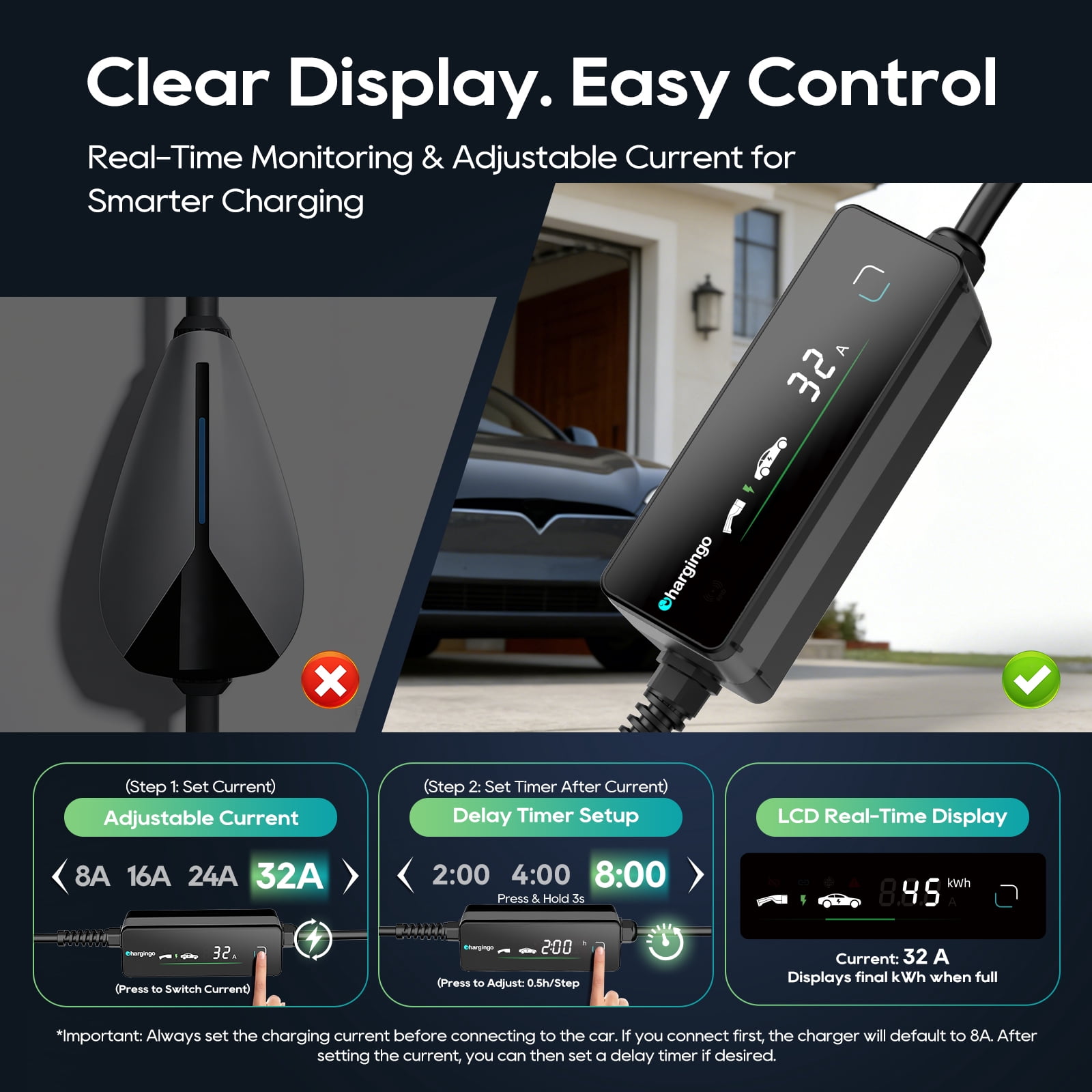 TOPDC Level 2 EV Portable Charger for Tesla, 32A 240V, Nema 14-50, Nacs Connector, 25ft Cable, Adjustable 16-32A, ETL Certified, Lcd Display, Plug-and-Play