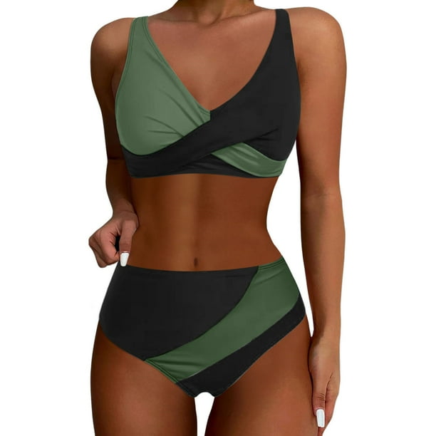 MKLEKYY Trajes De Baños Women High Waisted Bikini Sets Swimsuits Color Block Two Piece Drawstring Bathing Suit