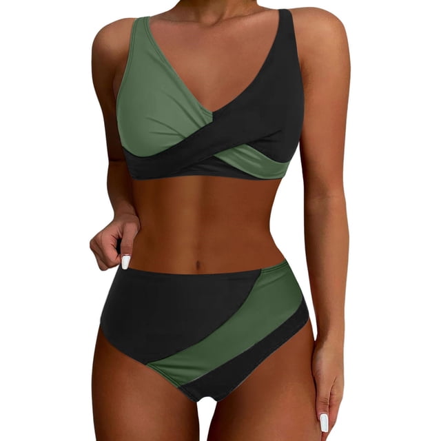 MKLEKYY Trajes De Baños Women High Waisted Bikini Sets Swimsuits Color Block Two Piece Drawstring Bathing Suit
