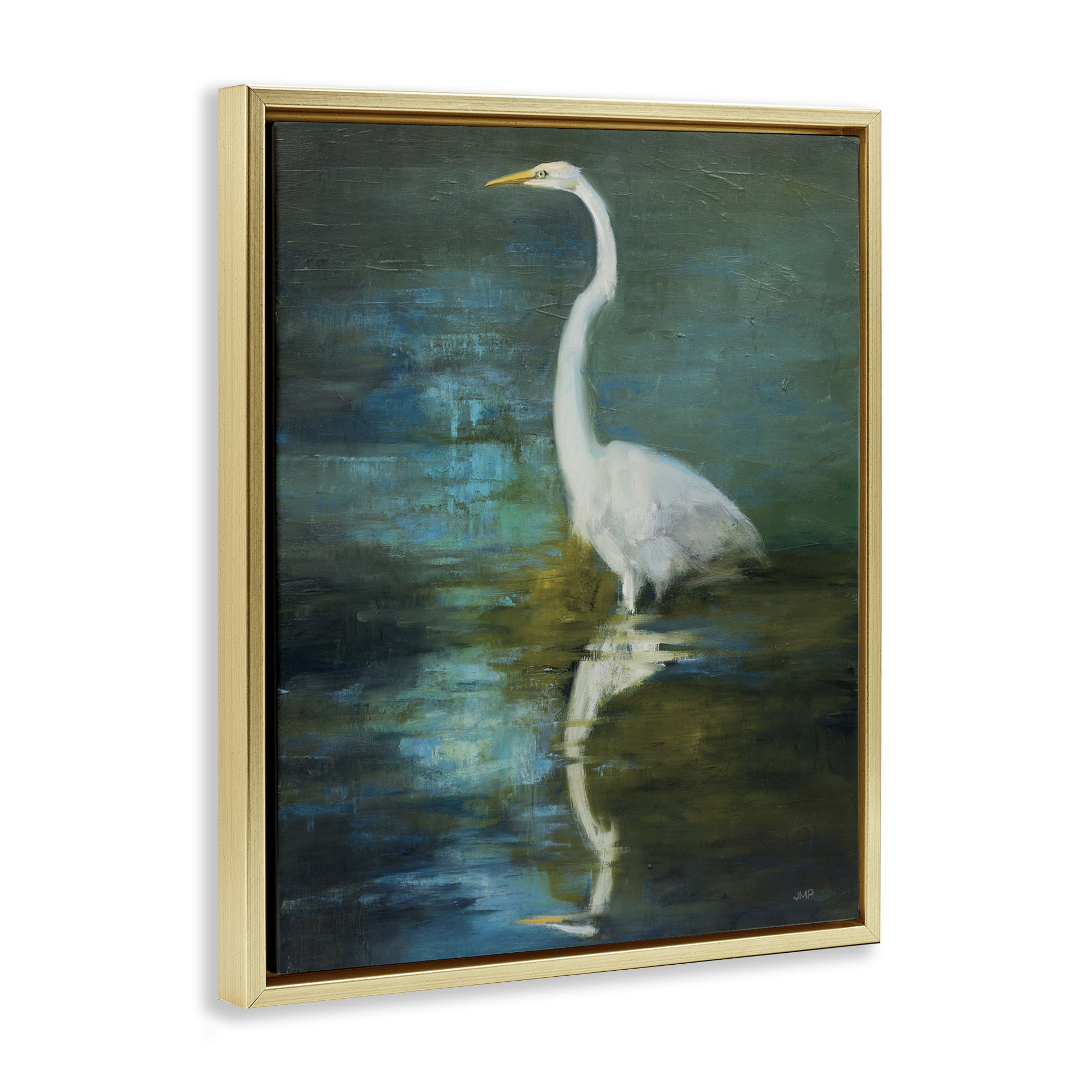 Stupell Industries Nautical Bird Lake Reflection Animals & Insects Painting Gold Floater Framed Canvas Art Print Wall Art, 25 x 31