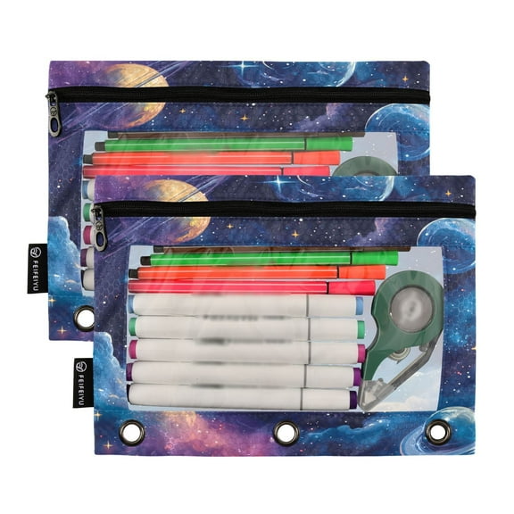 Ckdifva Space Planet Pencil Pouch 3 Ring Zipper Pencil Case Binder Pockets Clear Top Cosmetic Bag 2 Pack