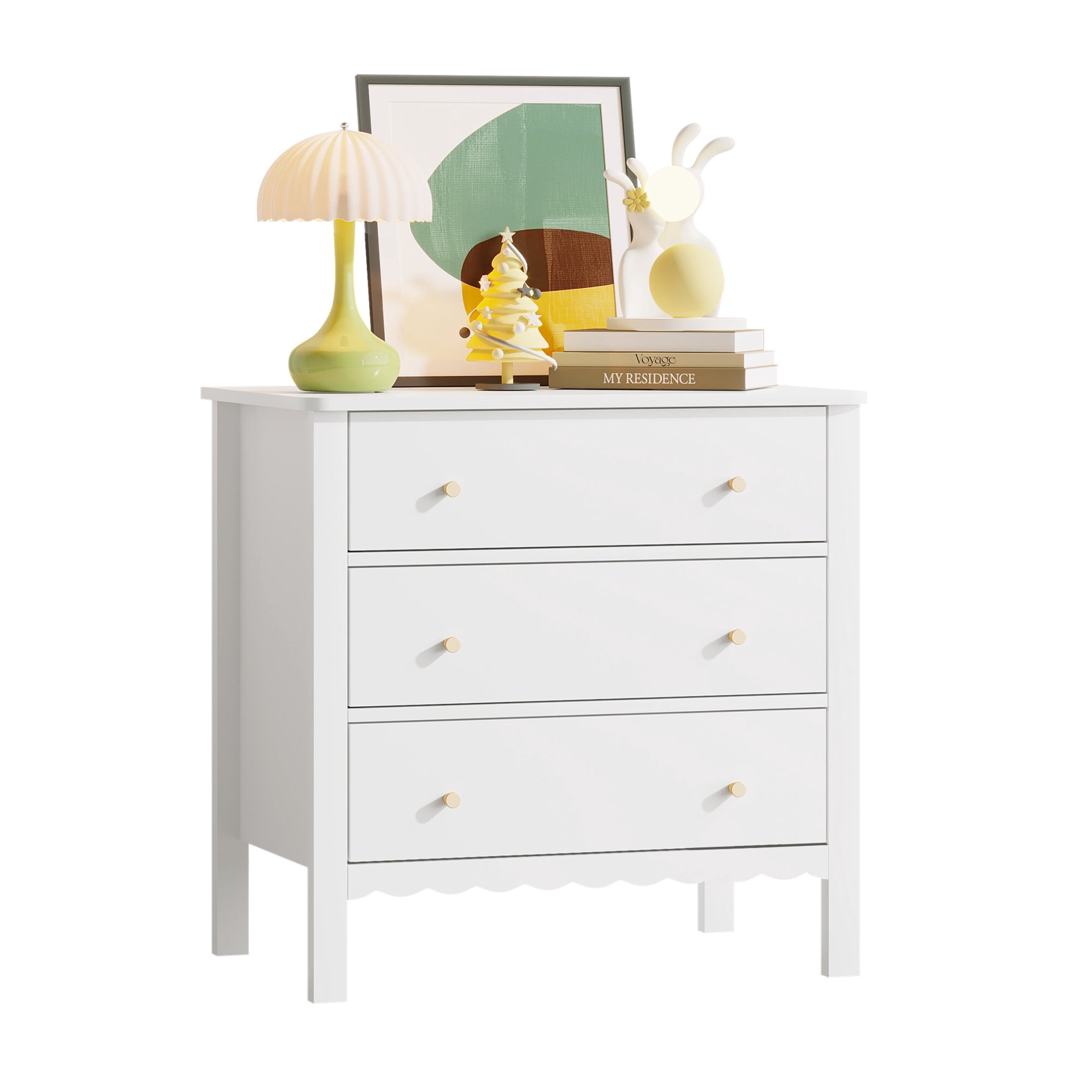 Noble House Modern 3 Drawer Dresser with Gold Knobs, Painted Wooden Storage Chest of Drawers for Nursery, White