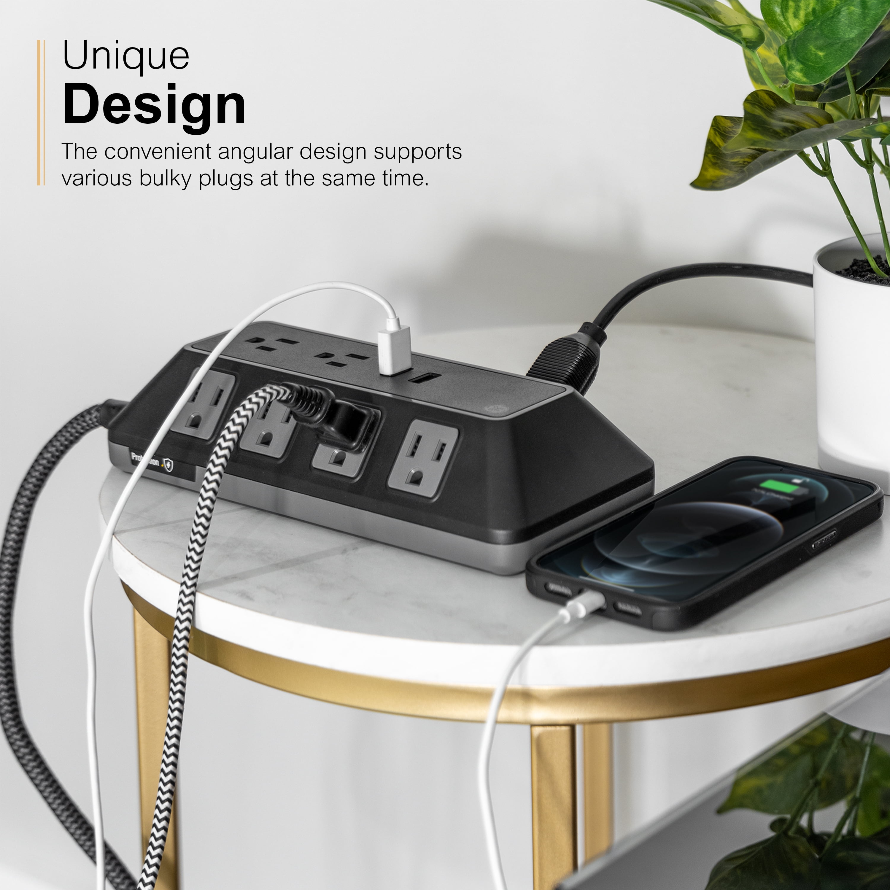 GE Adapt 10-Outlet Surge Protector Power Strip, USB Hub, 4ft Braided Cord, Black