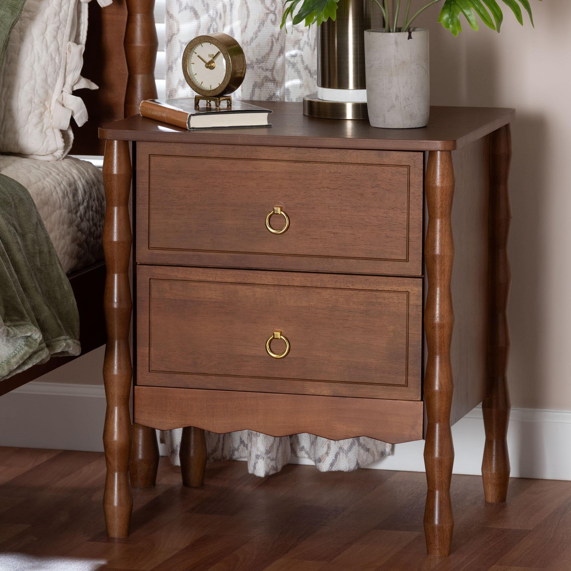 Baxton Studio Seamus Mid-Century Modern Nightstand, 2-Drawer, Walnut Brown