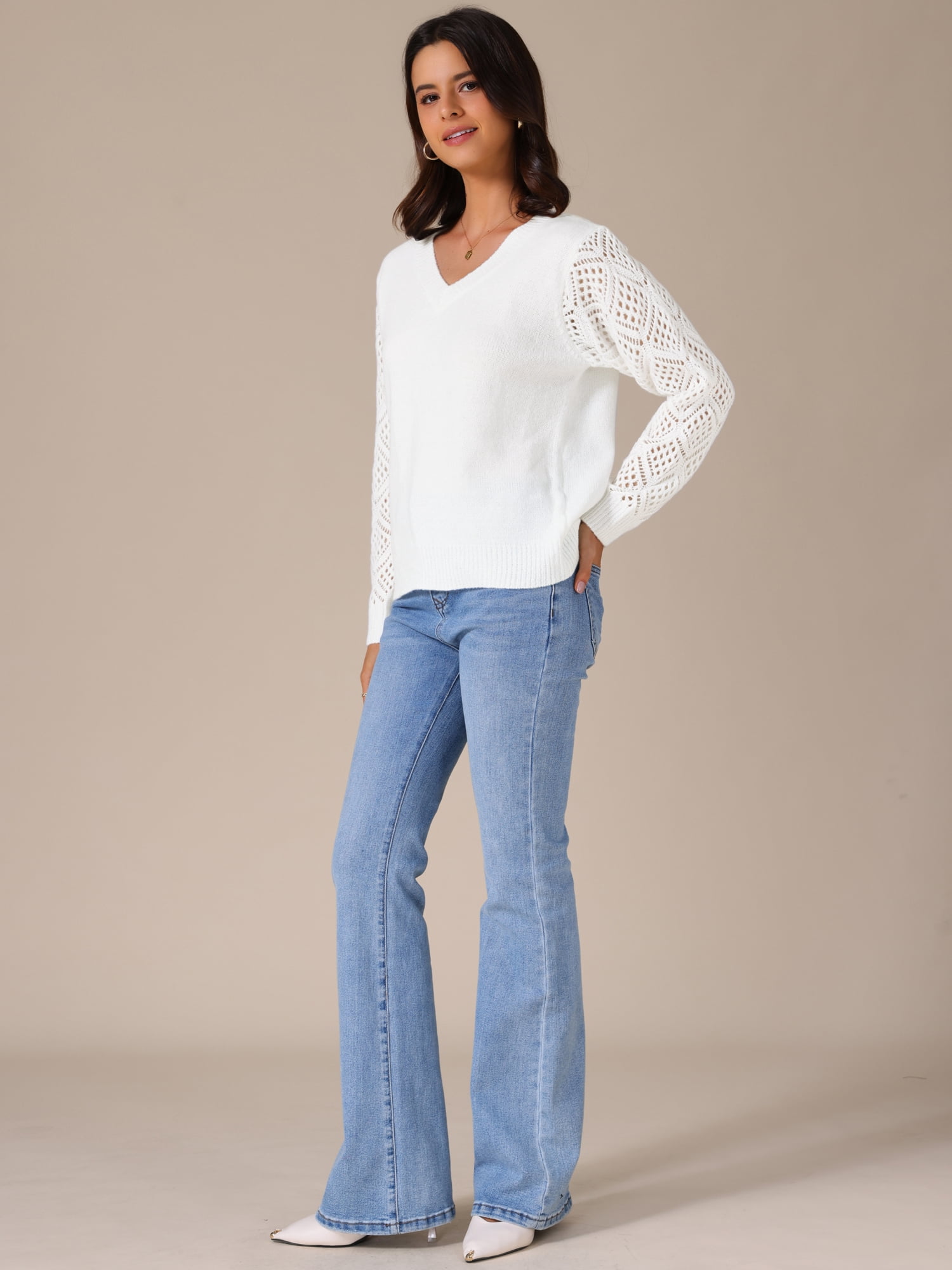 DARING DIVA Women's V Neck Hollow Out Long Sleeve Crochet Sweater Tops XL White