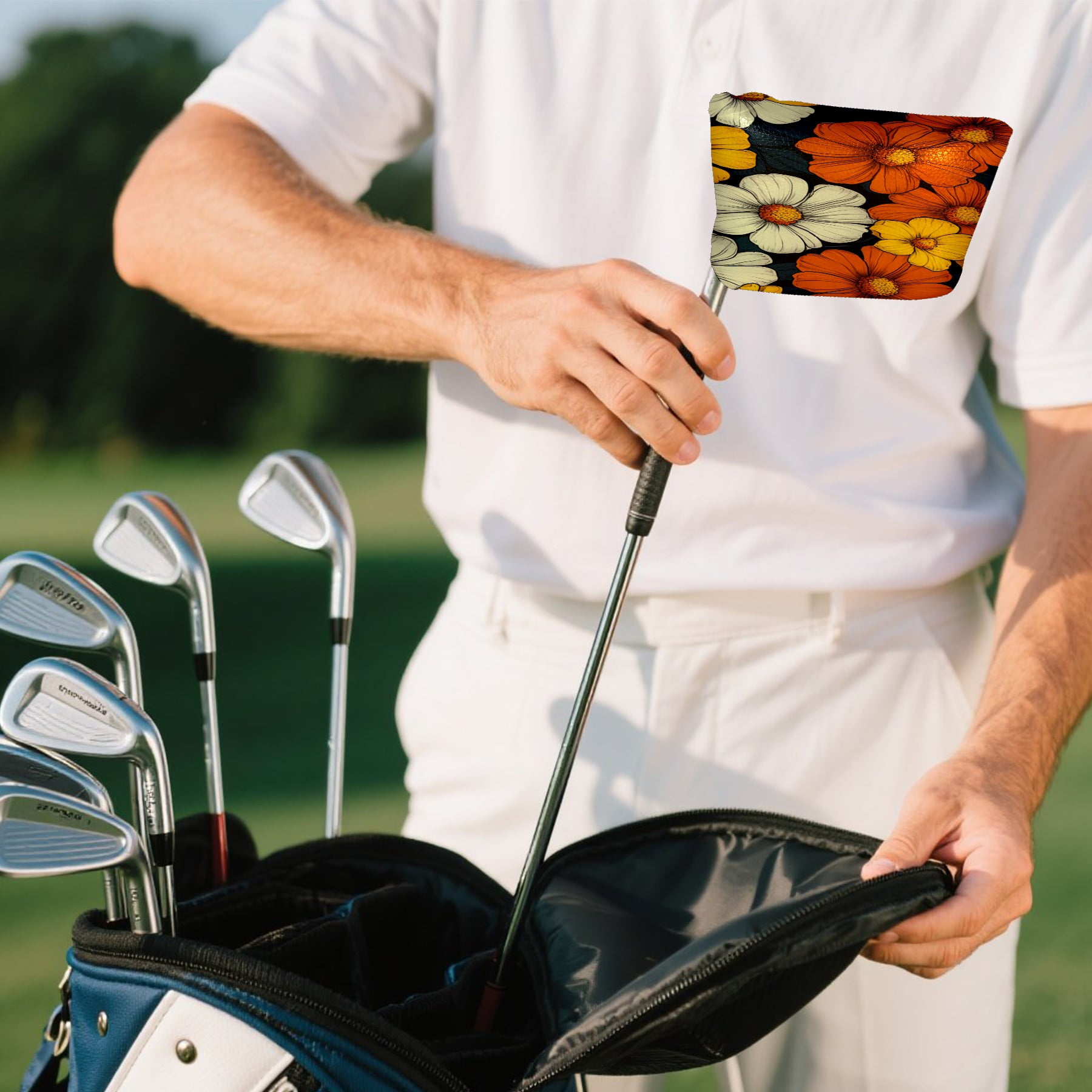 Golf Mallet Putter Cover Premium Leather Waterproof Golf Putter Head Cover with Magnetic Closure Orange Yellow Flowers