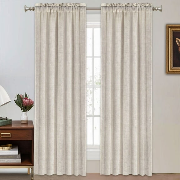 PrimeBeau Privacy Vintage Natural Linen Rod Pocket Semi Sheer Window Curtain Panels, 52" W x 108" L, Angora