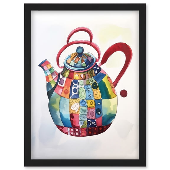 Enamelled Patterned Tea Kettle Teapot Folk Art Watercolour Painting Artwork Framed Wall Art Print A4