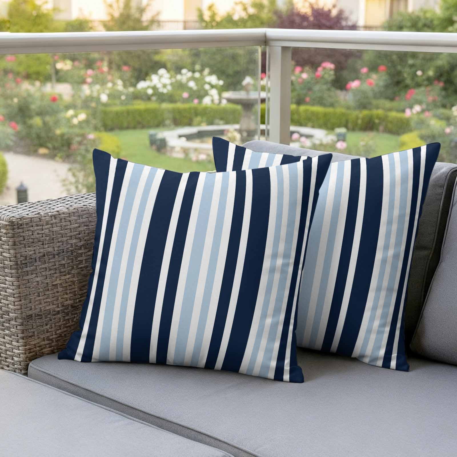 Navy Blue Outdoor Waterproof Pillow Covers, Modern White Geometric Vertical Stripes Decorative Square Throw Pillowcase Sofa Cushion Sham for Patio/Couch/Chair, 24"x24" 2 Pack