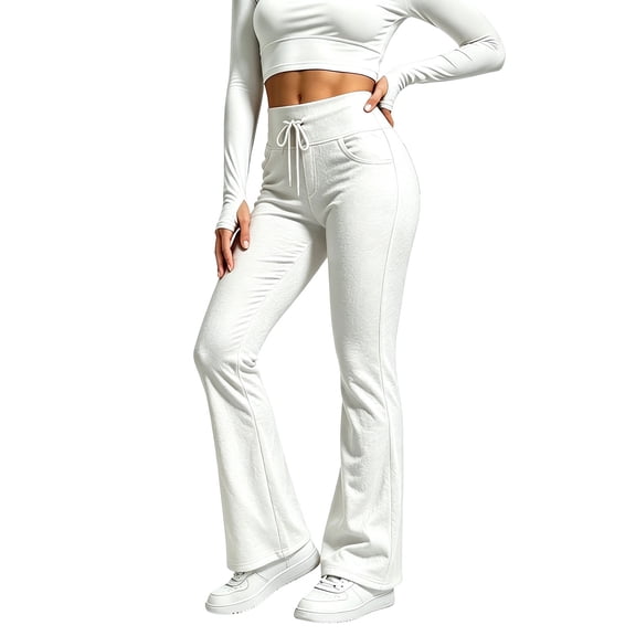 LMIHMI Womens Flare Leggings with Pockets Drawstring High Waist Bootcut Yoga Pants Stretch Bell Bottoms(White,X-Large)