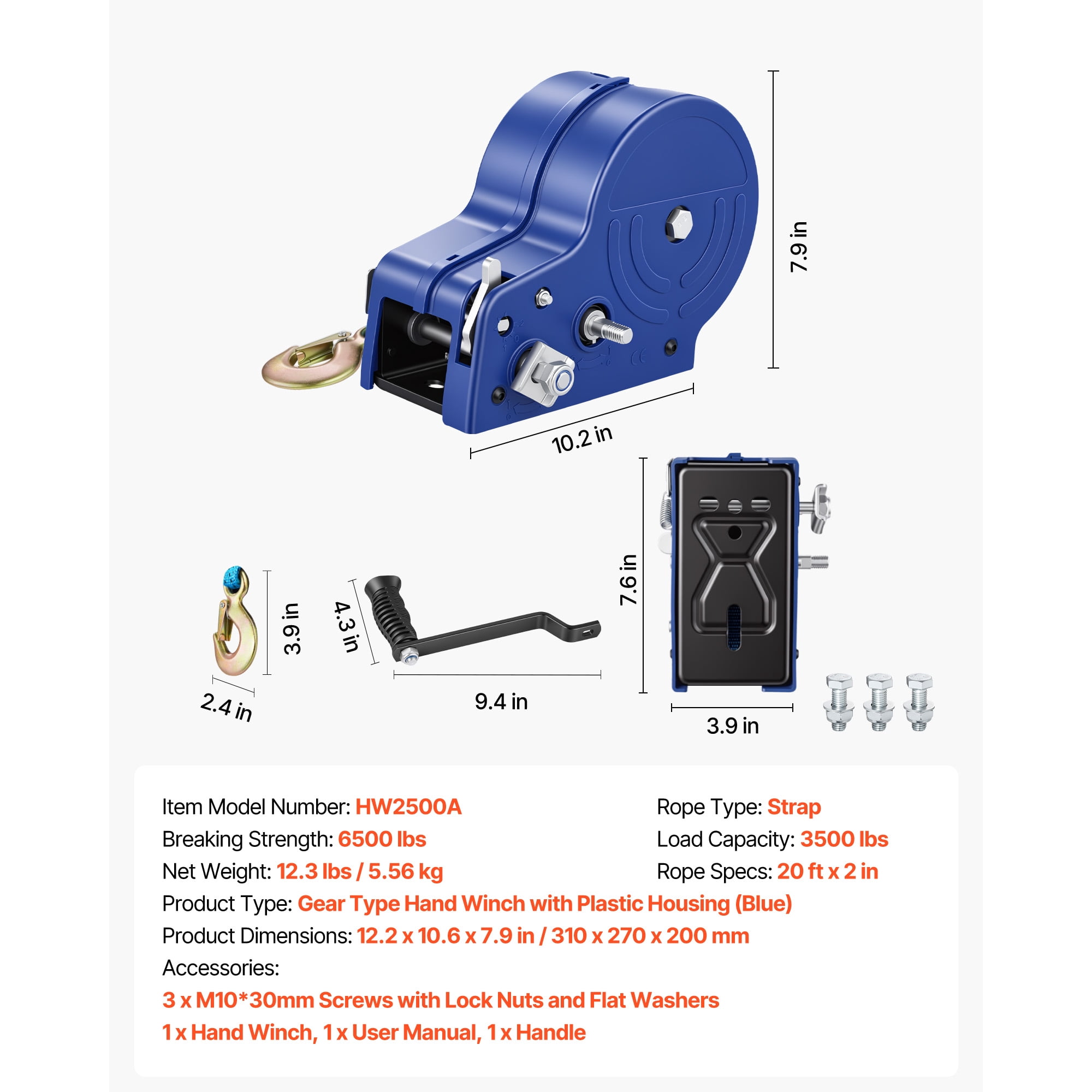 KFFKFF 3500 lbs Manual Boat Winch with 20ft Gray-Black Polyester Strap, Durable Two-Way Ratchet and Anti-Slip Handle for Towing Boats and ATVs
