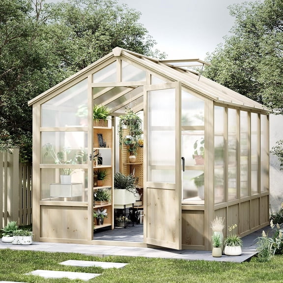 EastVita 8X6FT Outdoor Wooden Greenhouse with Lockable Door and Adjustable Roof Vent UV Protection Cedar Wood Walk-in Green House for Outdoor Garden Yard Light Brown