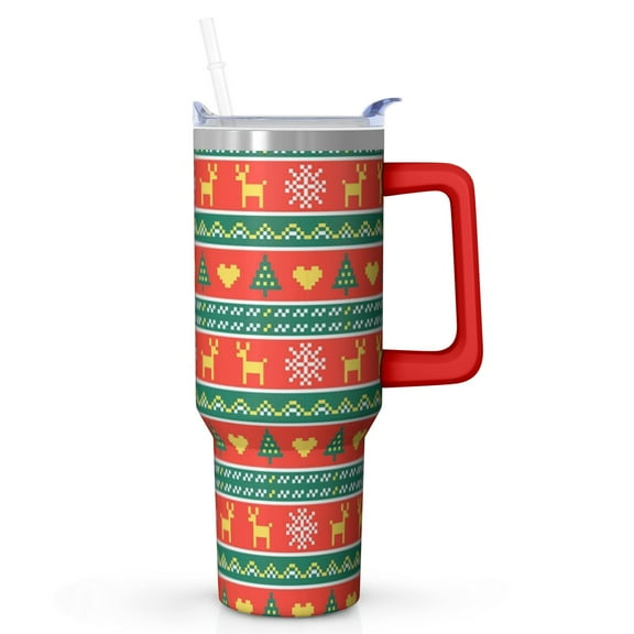 Christmas Elk 40oz Stainless Steel Coffee Cup with Handle and Straw, Winter Holiday Insulated Tumbler, Leak Proof Travel Mug Gifts for Women