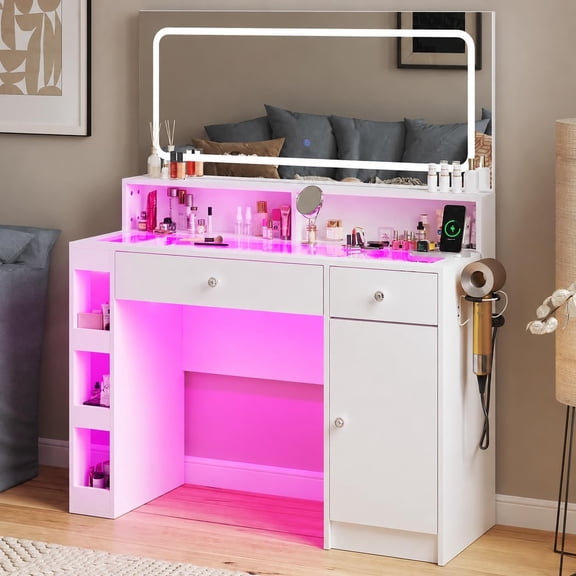 White Vanity Desk Full Length LED Mirror, 3 Color Light, Transparent Top, 2 Cabinets 1 Drawer, Multi Shelves & 3 Side Storage, Charging Station, Dressing Table for Women Girls Bedroom