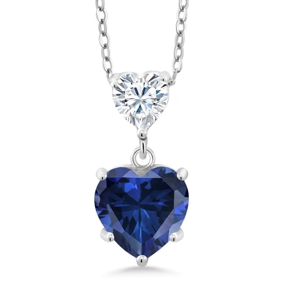 Gem Stone King 925 Sterling Silver Blue Simulated Sapphire and White Moissanite Double Heart Pendant Necklace for Women (1.42 Cttw, Heart 8MM and 5MM, with 18 inch Silver Chain)