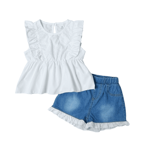 2Pcs Kid Toddler Girls Sleeveless Hollow Floral Embroidery Ruffle Tops Lace Denim Jeans Shorts Outfits Set