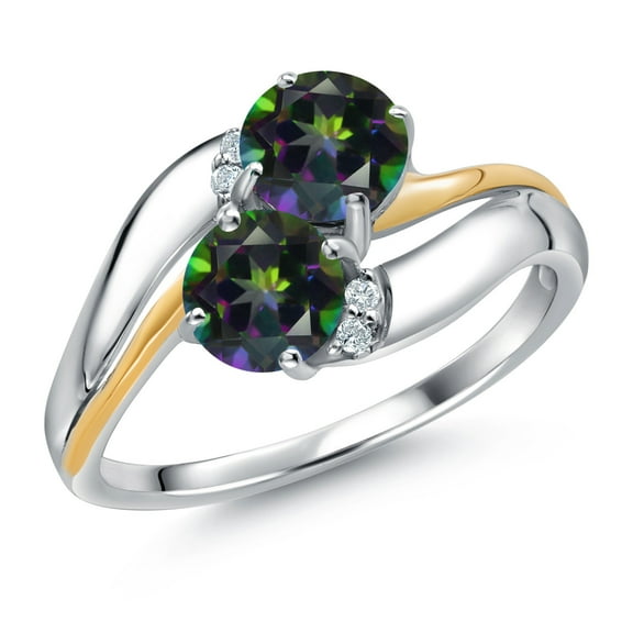Gem Stone King 925 Sterling Silver and 10K Yellow Gold Green Mystic Topaz 5MM Round 2 Stone and White Lab Grown Diamond Accent Ring for Women (1.13 Cttw, Gemstone Birthstone, Size 5)