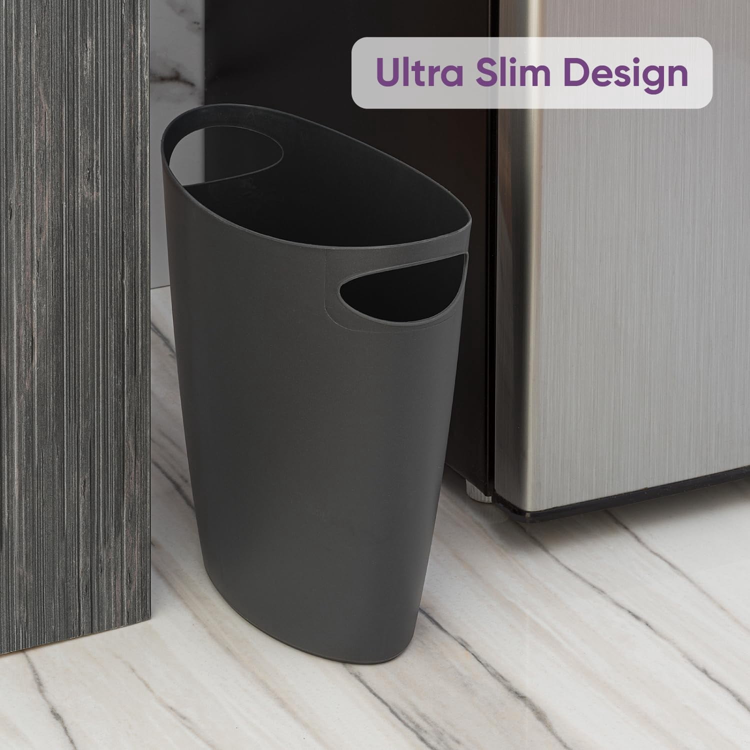 Superio Slim Bathroom Trash Can 2 Gallon Plastic Small Compact Waste Basket for Bedroom, Dorm, Under Office Desk, Narrow Portable RV Dustbin, 6 Grey