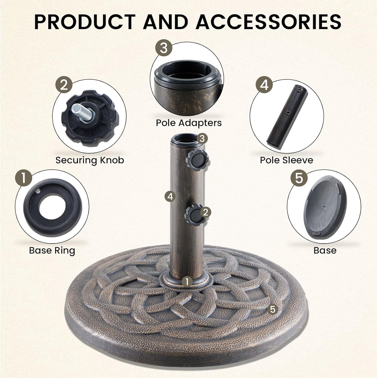 JIOABL Patio Umbrella Base with 2 Removable Pole Adapters, Heavy Duty Resin & Iron Stand, Waterproof, UV-Resistant, Adjustable, 30 lbs
