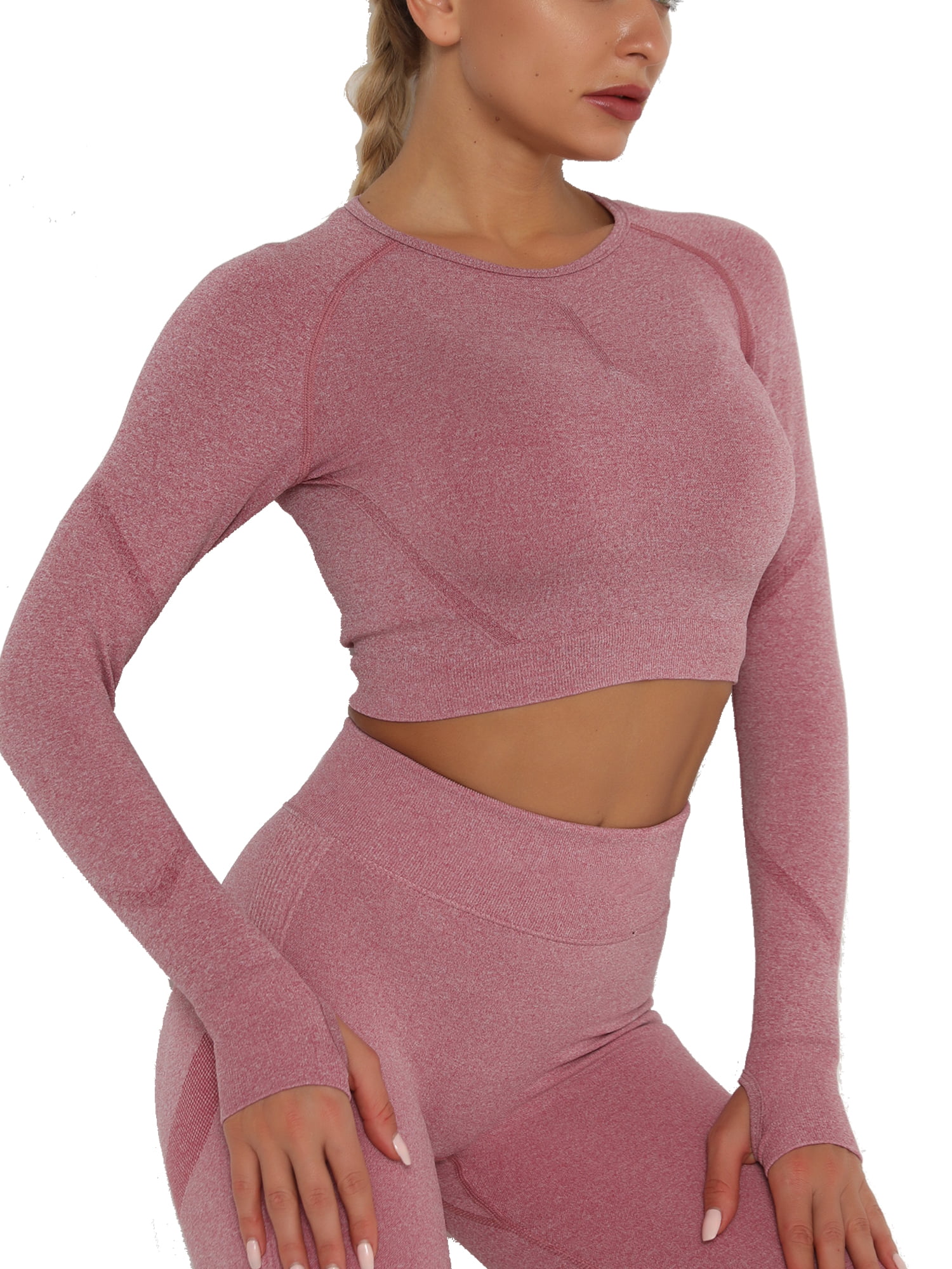 Womens Yoga Gym Crop Top Seamless Compression Long Sleeve Workout Athletic Shirt 
