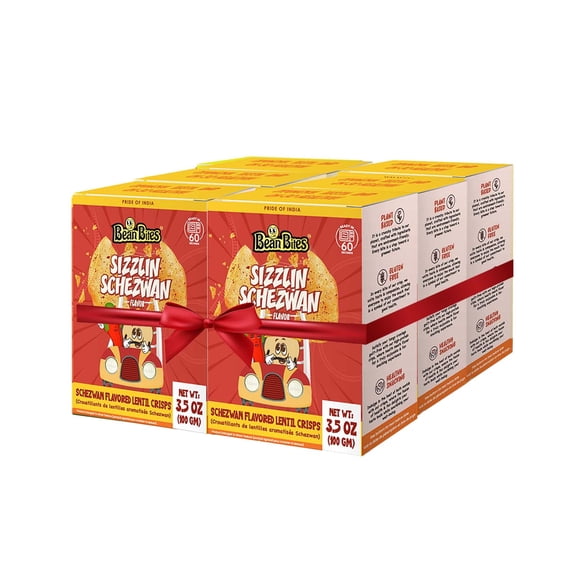 Bean Bites | Sizzlin Schezwan Lentil Crisp 3.53 oz (100 g) PACK OF 6 | Round Crunchy Crisps | Heat in Oven (up to 60 secs), Plant Based Protein, Vegan Crisps, Healthy Poppadom Snack By Pride of India