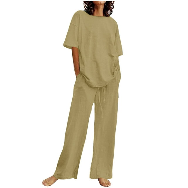 Ensembles de Shorts pour Femmes 2 Pcs en Liquidation Liquidation Ensembles en Lin 2 Pcs Été 2 Pcs Tenues Col Rond Manches Courtes Hauts à Enfiler Pantalons Larges avec Poche Ensembles Assortis pour Vacances à la Plage Beige 3TG