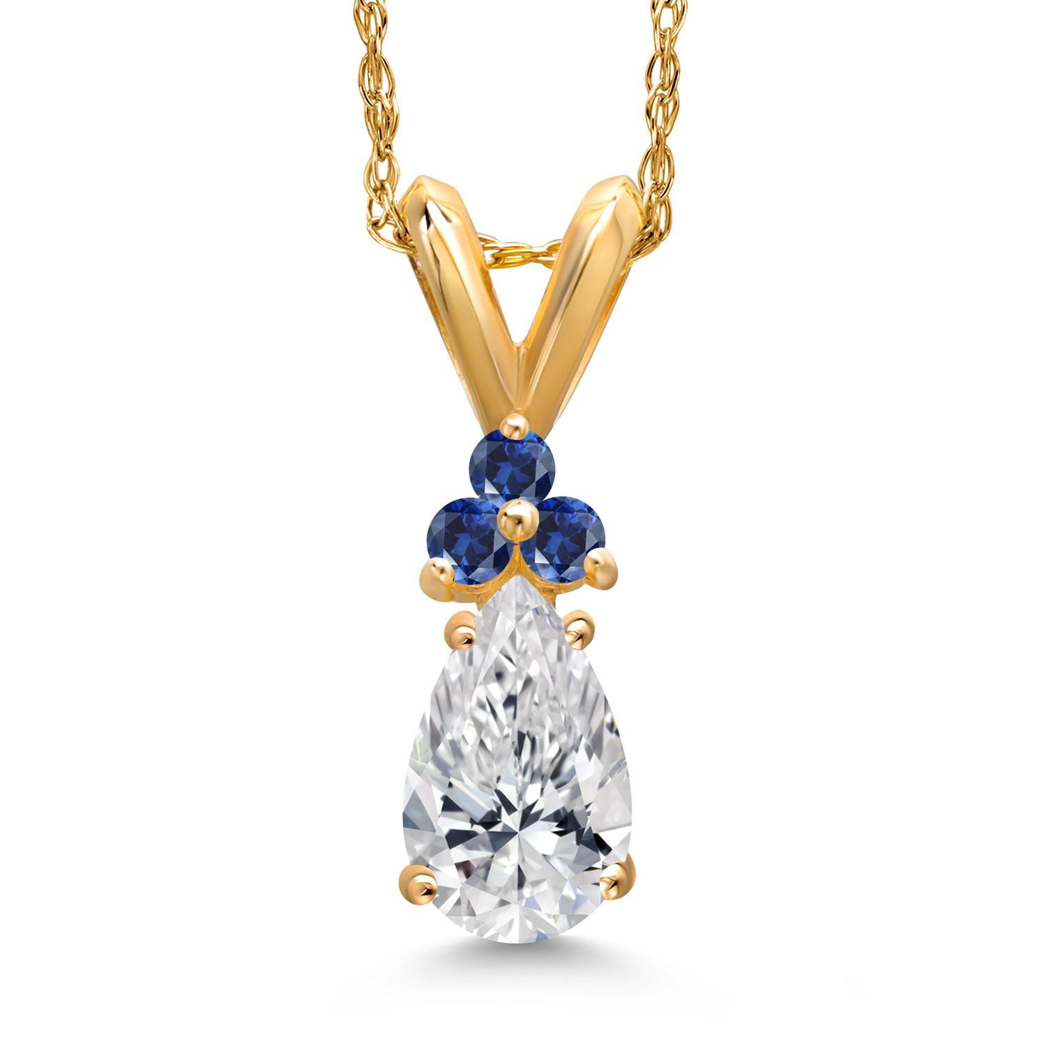 Gem Stone King 14K Yellow Gold DEF Lab Grown Diamond and Blue Created Sapphire Pendant Necklace for Women | 0.58 Cttw | Gemstone April Birthstone | Pear Shape 7X5MM | With 18 inch Chain