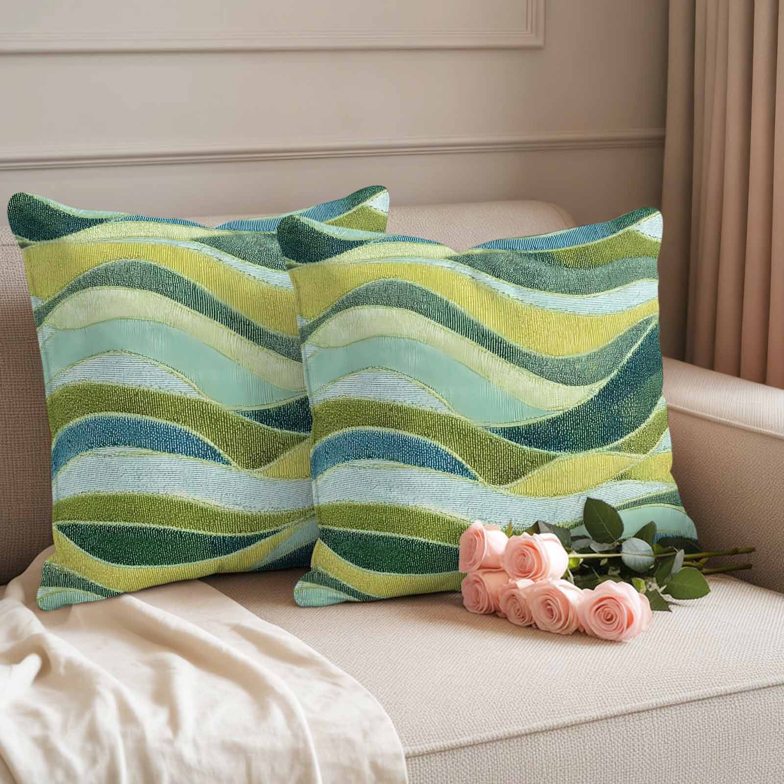 Teal Green Ombre Outdoor Waterproof Pillow Covers, Modern Abstract Moire Wave Striped Decorative Square Throw Pillowcase Sofa Cushion Sham for Patio/Couch/Chair, 24"x24" 2 Pack