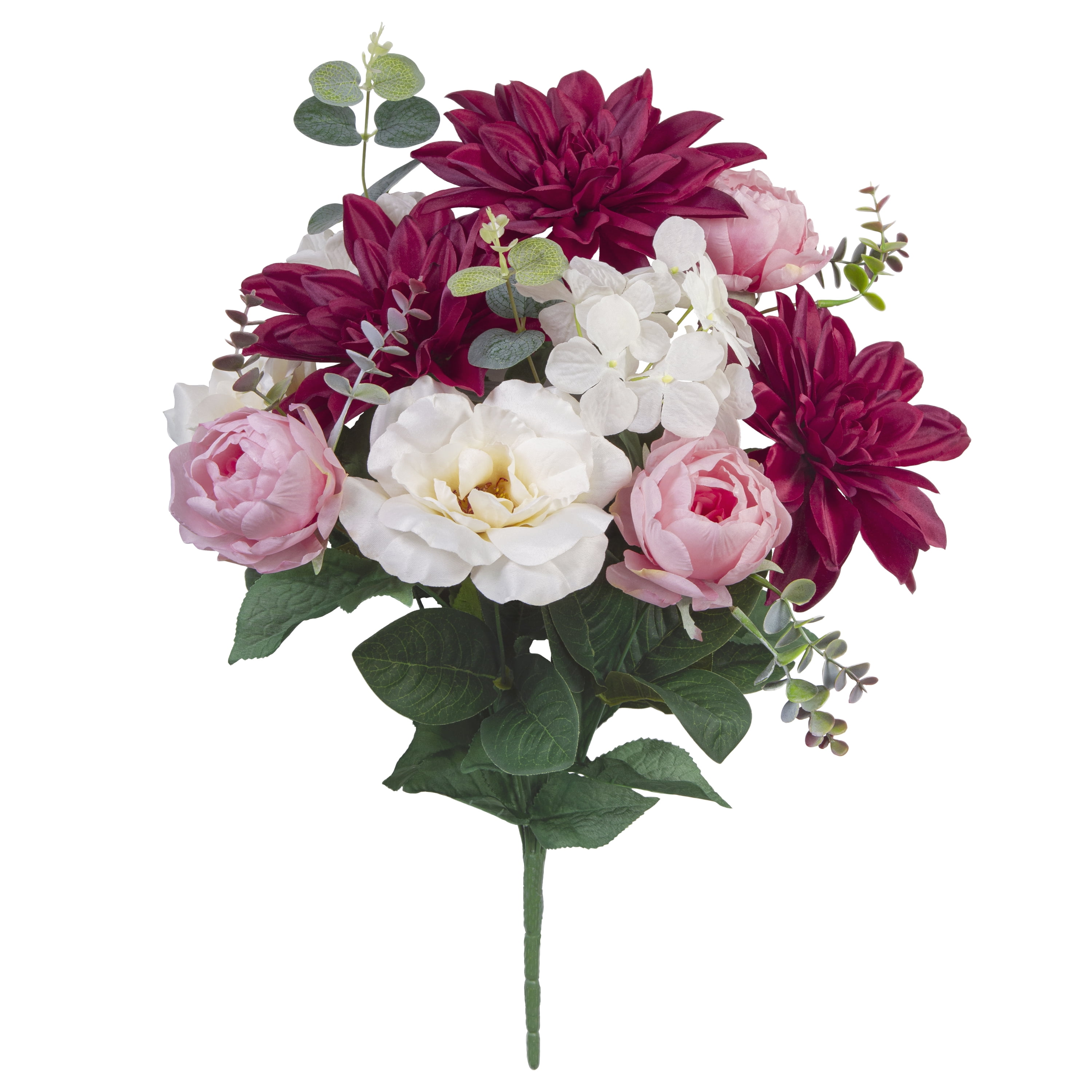 19" Artificial Silk Burgundy Dahlia & White Tea Rose Mixed Flower Bouquet, by Mainstays