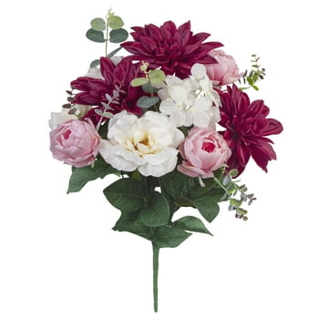 19" Artificial Silk Burdy Dahlia & White Tea Rose Mixed Flower Bouquet, by Mainstays