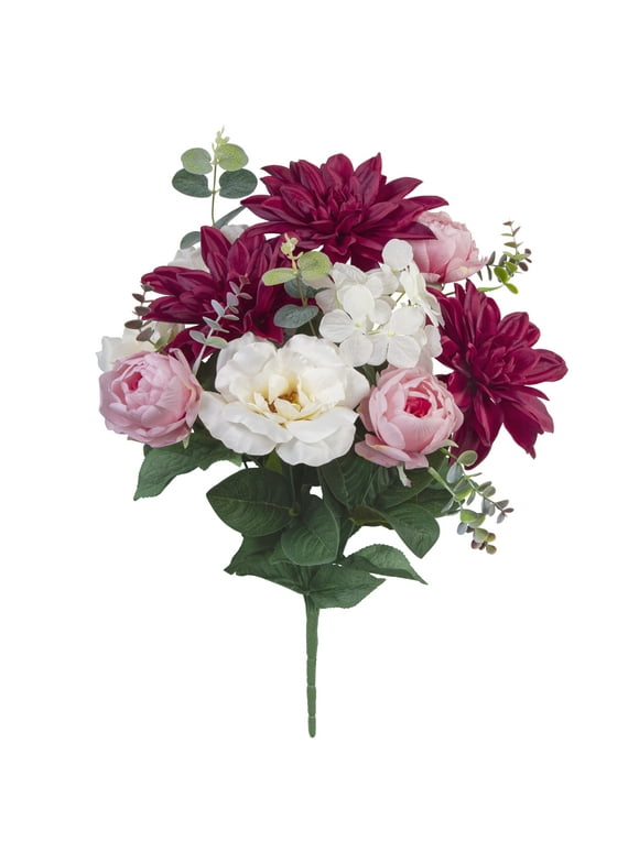 19-inch Artificial Silk Burgundy Dahlia & White Tea Rose Mixed Flower Bouquet, for Indoor Use, by Mainstays