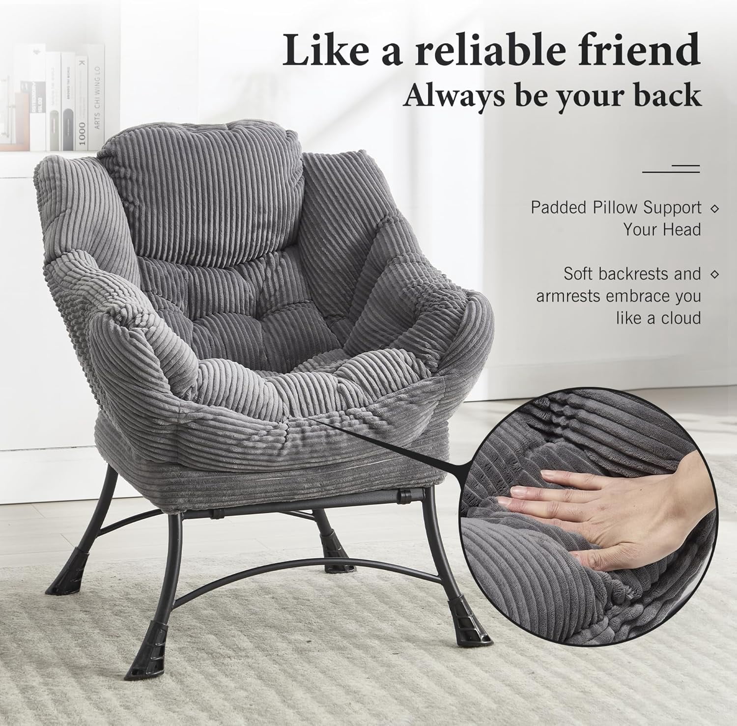 MOONMISS Corduroy Upholstered Oversized Lazy Chair with Folding Ottoman and a Side Pocket-Gray
