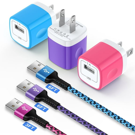 Compatible for iPhone Charger, 3 Pack USB Charger Block with Charging Cable 3/6/6FT, Charging Block Wall Charger Adapter Plug Brick Cube Box Fast Charging Station Compatible for iPhone, Mixed A